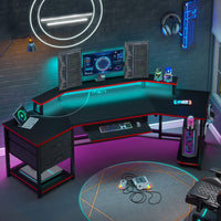 Sikaic 79" L Shaped LED Gaming Desk with 2 Fabric Drawers Storage Shelf Black&Red