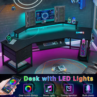 Sikaic 79" L Shaped LED Gaming Desk with 2 Fabric Drawers Storage Shelf Black