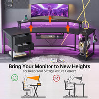 Sikaic 79" L Shaped LED Gaming Desk with 2 Fabric Drawers Storage Shelf Black