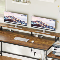 Sikaic 66" L Shaped Corner Two Person Gaming Desk with File Drawer Power Outlet Led Lights Monitor Shelf Rustic Brown