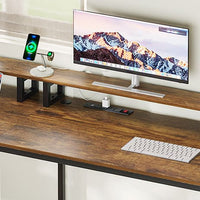 Sikaic 66" L Shaped Corner Two Person Gaming Desk with File Drawer Power Outlet Led Lights Monitor Shelf Rustic Brown