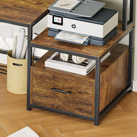 Sikaic 66" L Shaped Corner Two Person Gaming Desk with File Drawer Power Outlet Led Lights Monitor Shelf Rustic Brown