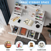 Sikaic Solid Pine Wood Legs Writing Desk with USB Port Hutch 7 Drawers White