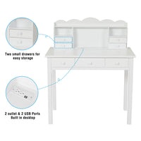 Sikaic Solid Pine Wood Legs Writing Desk with USB Port Hutch 7 Drawers White