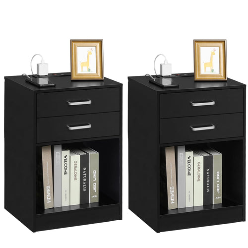 Sikaic 2Pcs Nightstand with Charging Station Drawers Bedside Table Black