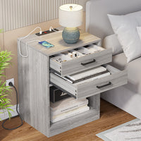 Sikaic 2Pcs Nightstand with Charging Station Drawers Bedside Table Grey