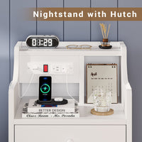 Sikaic Nightstand with Charging Station Hutch & Storage Drawers White