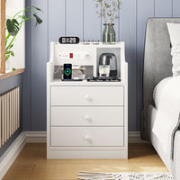 Sikaic Nightstand with Charging Station Hutch & Storage Drawers White