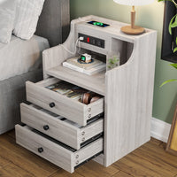 Sikaic Nightstand with Charging Station Hutch & Storage Drawers Grey