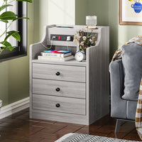 Sikaic Nightstand with Charging Station Hutch & Storage Drawers Grey