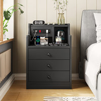 Sikaic Nightstand with Charging Station Hutch & Storage Drawers Black