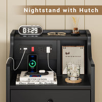 Sikaic Nightstand with Charging Station Hutch & Storage Drawers Black