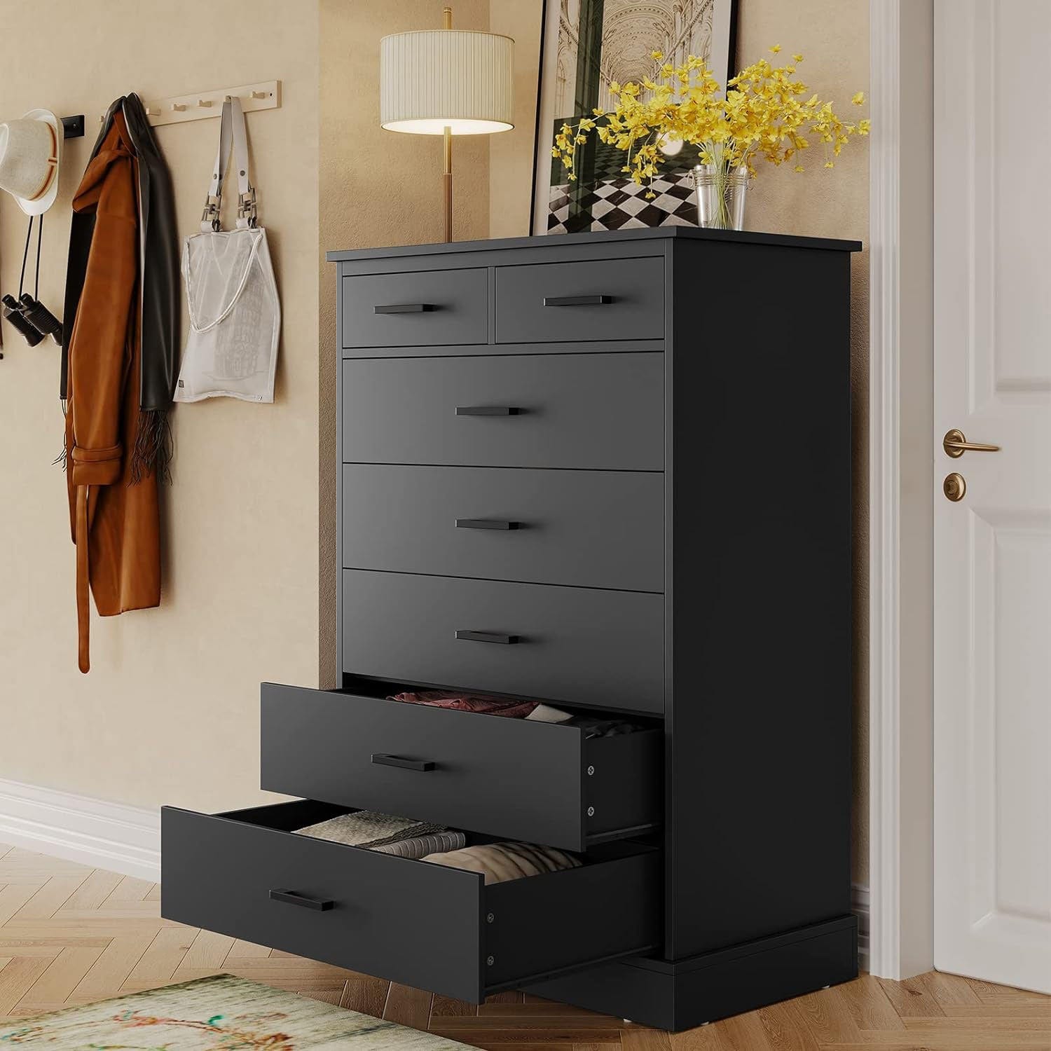 Sikaic 7 Drawer Tall Dresser, Vertical Storage Chest of Drawers for Bedroom, Modern Furniture, Black Sikaic 7 Drawer Tall Dresser, Vertical Storage Chest of Drawers for Bedroom, Modern Furniture, Black
