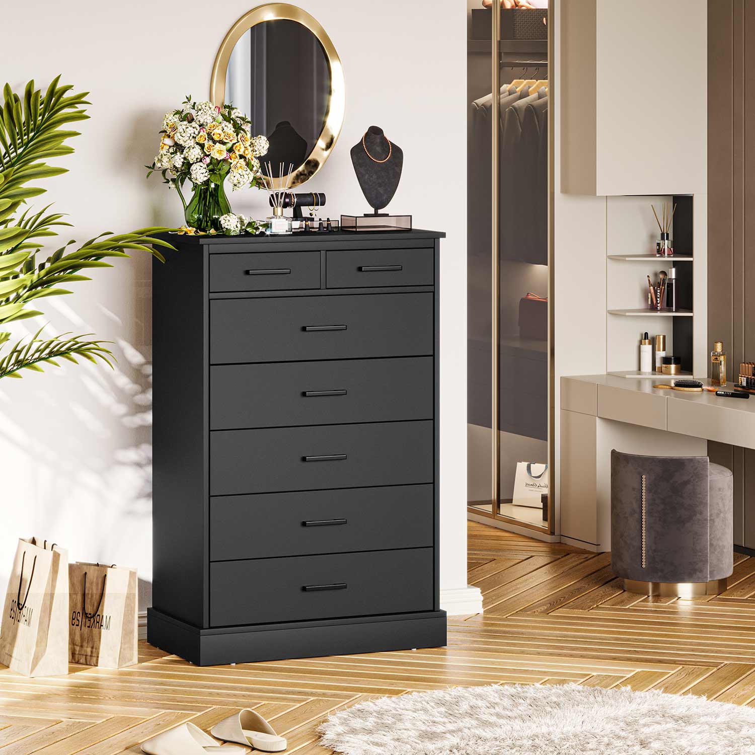 Sikaic Dresser Bedroom Furniture Tall Dresser with 7 Storage Drawers Black / Modern / Engineered Wood