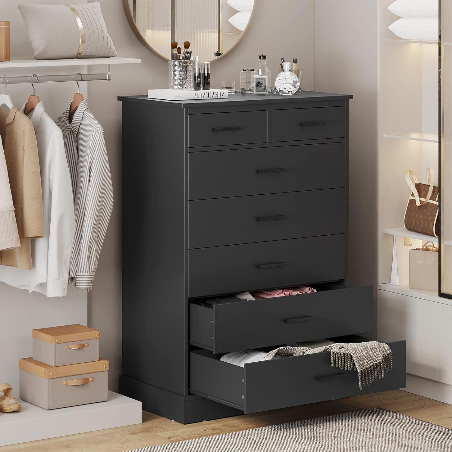 Sikaic 7 Drawer Tall Dresser, Vertical Storage Chest of Drawers for Bedroom, Modern Furniture, Black Sikaic 7 Drawer Tall Dresser, Vertical Storage Chest of Drawers for Bedroom, Modern Furniture, Black