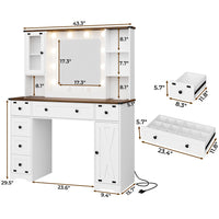 Sikaic Vanities 43 Inches Makeup Vanity with 3 Color Lighting Modes Mirror Charging Station Storage White