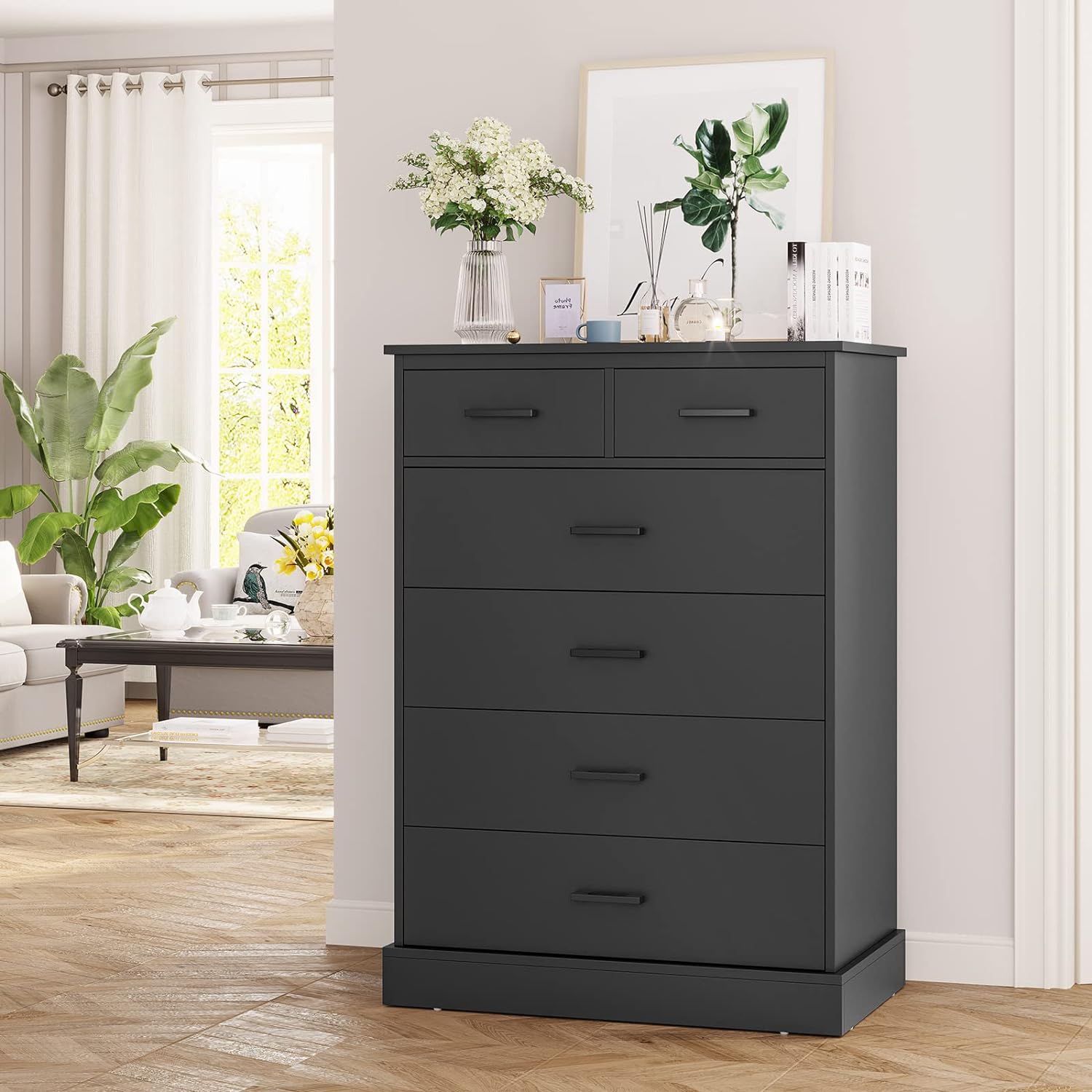 Sikaic Black Tall Dresser with 6 Storage Drawers and Sturdy Base Modern Chest of Drawers for Bedroom Sikaic Black Tall Dresser with 6 Storage Drawers and Sturdy Base Modern Chest of Drawers for Bedroom