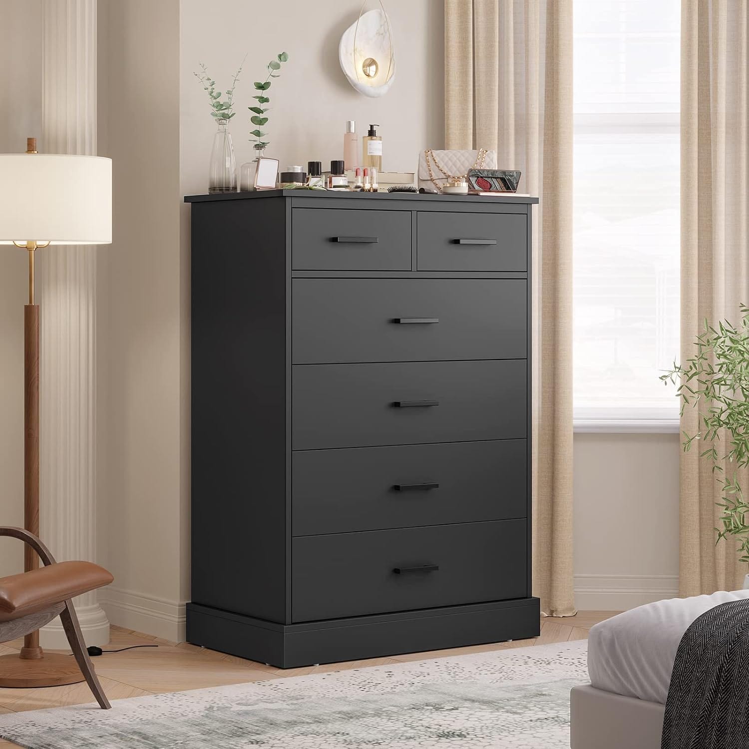 Sikaic Black Tall Dresser with 6 Storage Drawers and Sturdy Base Modern Chest of Drawers for Bedroom Sikaic Black Tall Dresser with 6 Storage Drawers and Sturdy Base Modern Chest of Drawers for Bedroom