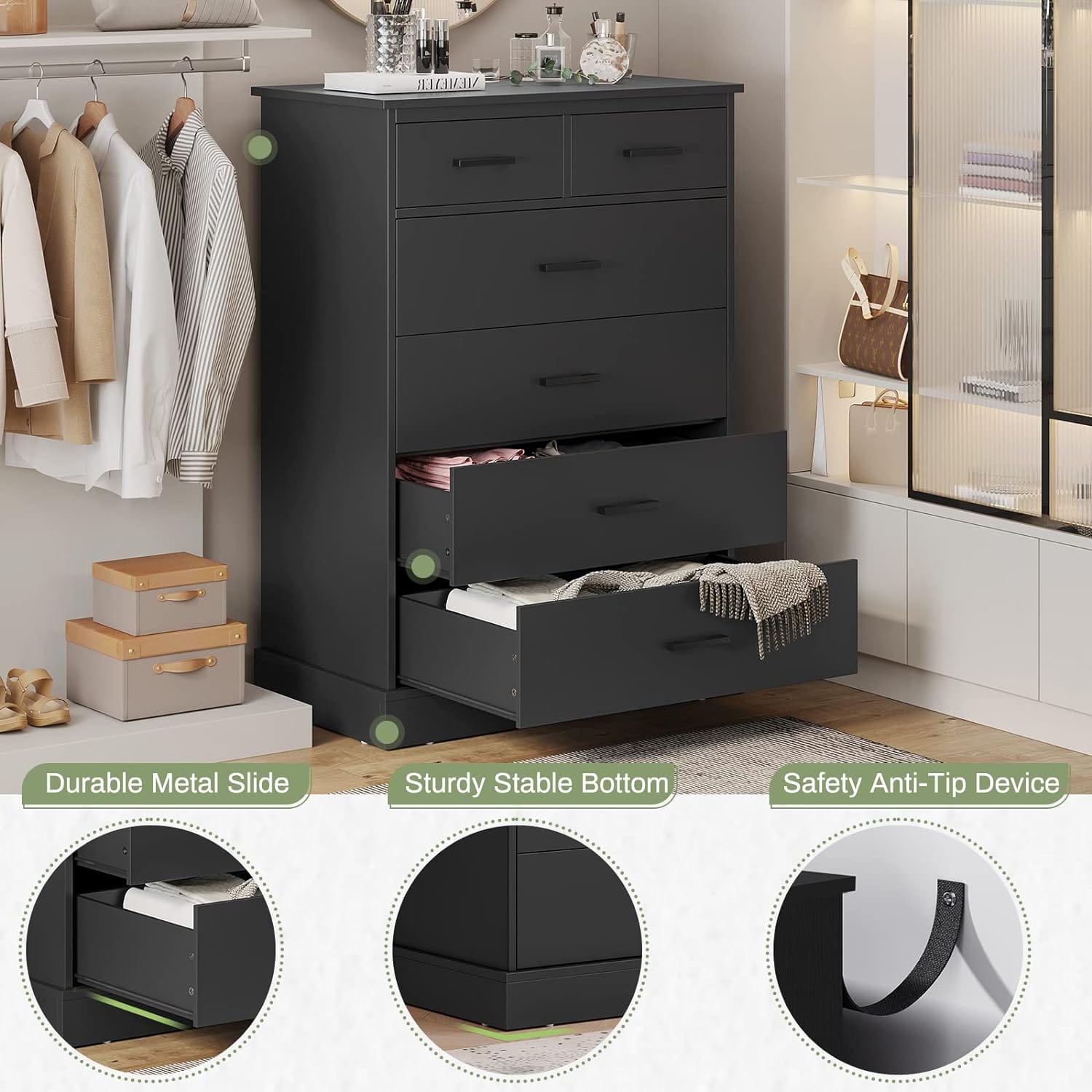 Sikaic Black Tall Dresser with 6 Storage Drawers and Sturdy Base Modern Chest of Drawers for Bedroom Sikaic Black Tall Dresser with 6 Storage Drawers and Sturdy Base Modern Chest of Drawers for Bedroom