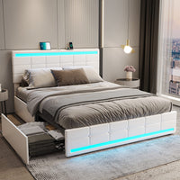 Sikaic PU Leather Platform Bed Frame with 4 Storage Drawers LED Lights Adjustable Headboard White