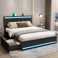 Sikaic LED Bed Frame with Storage Drawers Leather Platform Adjustable Headboard Storage Drawers and Charging Station Black