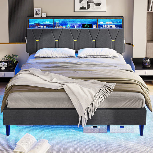 Sikaic LED Bed Frame with Outlets and USB Ports Shelf Storage Headboard Hidden Storage Grey