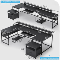 Sikaic Computer Desk 101.5 Inches U Shaped Reversible L Shaped Computer Desk with File Drawer Power Outlet Keyboard Tray Black