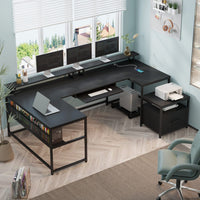Sikaic Computer Desk 101.5 Inches U Shaped Reversible L Shaped Computer Desk with File Drawer Power Outlet Keyboard Tray Black