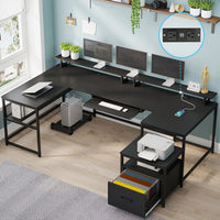 Sikaic Computer Desk 101.5 Inches U Shaped Reversible L Shaped Computer Desk with File Drawer Power Outlet Keyboard Tray Black