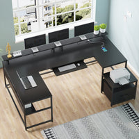 Sikaic Computer Desk 101.5 Inches U Shaped Reversible L Shaped Computer Desk with File Drawer Power Outlet Keyboard Tray Black