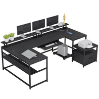 Sikaic Computer Desk 101.5 Inches U Shaped Reversible L Shaped Computer Desk with File Drawer Power Outlet Keyboard Tray Black