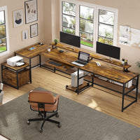 Sikaic Computer Desk 101.5 Inches U Shaped Reversible L Shaped Computer Desk with File Drawer Power Outlet Keyboard Tray Rustic Brown