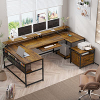 Sikaic Computer Desk 101.5 Inches U Shaped Reversible L Shaped Computer Desk with File Drawer Power Outlet Keyboard Tray Rustic Brown