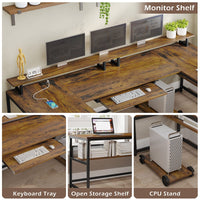 Sikaic Computer Desk 101.5 Inches U Shaped Reversible L Shaped Computer Desk with File Drawer Power Outlet Keyboard Tray Rustic Brown