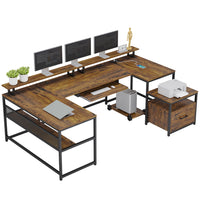 Sikaic Computer Desk 101.5 Inches U Shaped Reversible L Shaped Computer Desk with File Drawer Power Outlet Keyboard Tray Rustic Brown