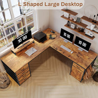Sikaic Computer Desk 63 Inches L Shaped Corner Computer Desk with 5 Drawer Power Outlet Monitor Shelf Storage Cabinet Brown
