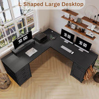 Sikaic Computer Desk 63 Inches L Shaped Corner Computer Desk with 5 Drawer Power Outlet Monitor Shelf Storage Cabinet Black