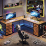 Sikaic Computer Desk 63 Inches L Shaped Corner Computer Desk with 5 Drawer Power Outlet Monitor Shelf Storage Cabinet Brown