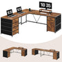 Sikaic Computer Desk 63 Inches L Shaped Corner Computer Desk with 5 Drawer Power Outlet Monitor Shelf Storage Cabinet Brown