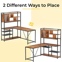 Sikaic Gaming Desk 58 Inches L Shape Corner LED Gaming Desk with Bookshelf Storage Shelves Brown