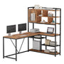 Sikaic Gaming Desk 58 Inches L Shape Corner LED Gaming Desk with Bookshelf Storage Shelves Brown