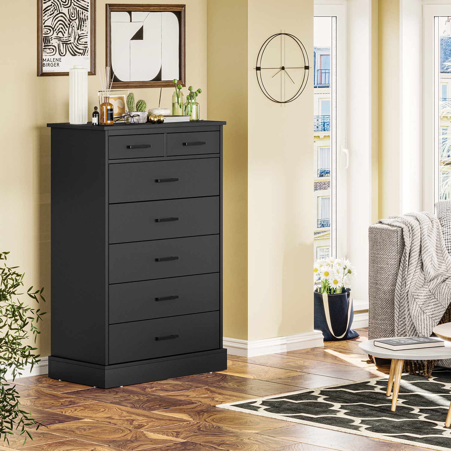 Sikaic 7 Drawer Tall Dresser, Vertical Storage Chest of Drawers for Bedroom, Modern Furniture, Black Sikaic 7 Drawer Tall Dresser, Vertical Storage Chest of Drawers for Bedroom, Modern Furniture, Black