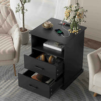 Sikaic Nightstand Nightstand with Charging Station 2 Storage Drawer and Open Cubby Black