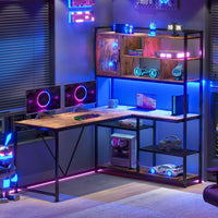 Sikaic Gaming Desk 58 Inches L Shape Corner LED Gaming Desk with Bookshelf Storage Shelves Brown