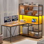 Sikaic Gaming Desk 58 Inches L Shape Corner LED Gaming Desk with Bookshelf Storage Shelves Brown