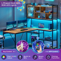 Sikaic Gaming Desk 58 Inches L Shape Corner LED Gaming Desk with Bookshelf Storage Shelves Brown