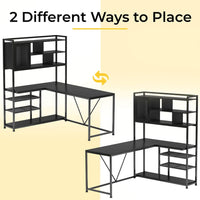 Sikaic Gaming Desk 58 Inches L Shape Corner LED Gaming Desk with Bookshelf Storage Shelves Black