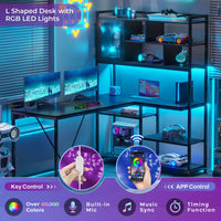 Sikaic Gaming Desk 58 Inches L Shape Corner LED Gaming Desk with Bookshelf Storage Shelves Black