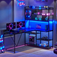 Sikaic Gaming Desk 58 Inches L Shape Corner LED Gaming Desk with Bookshelf Storage Shelves Black