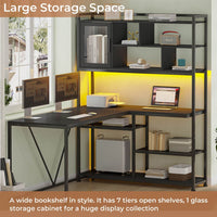 Sikaic Gaming Desk 58 Inches L Shape Corner LED Gaming Desk with Bookshelf Storage Shelves Black